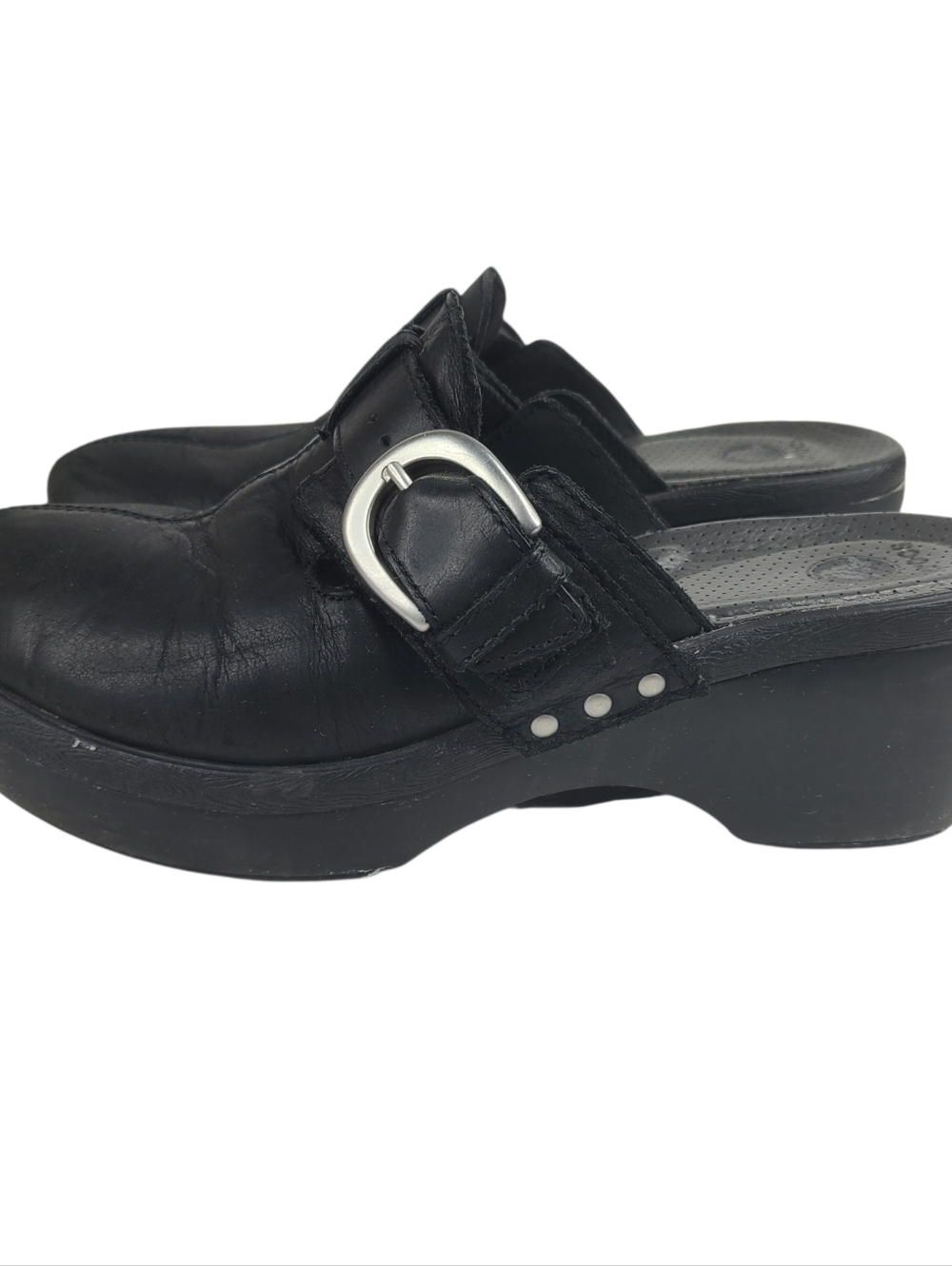 CROCS  Cobbler Black Leather Slip-on clogs Buckle Detail Women's Size 9